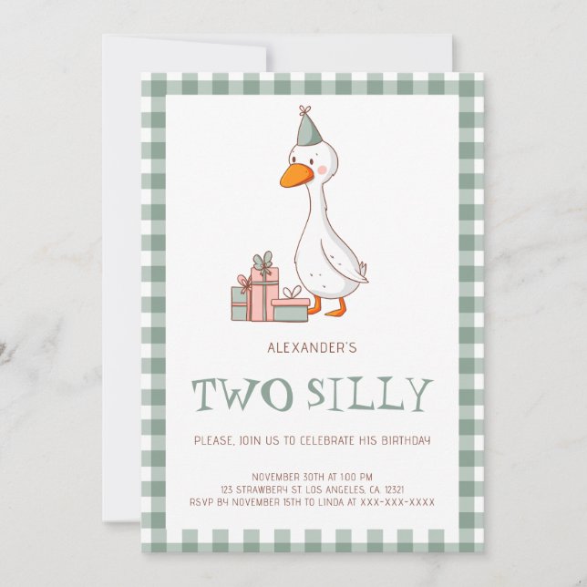 Cute Green Boy Two Silly Goose Birthday Invitation (Front)