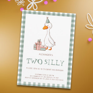 Cute Green Boy Two Silly Goose Birthday Invitation