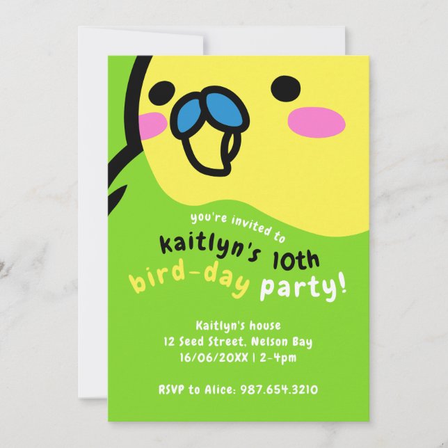 Cute Green Budgie Kids 10th Birthday Party Invitation (Front)