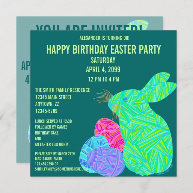 Cute Green Bunny Fun Easter Theme Birthday Invitation (Front/Back)