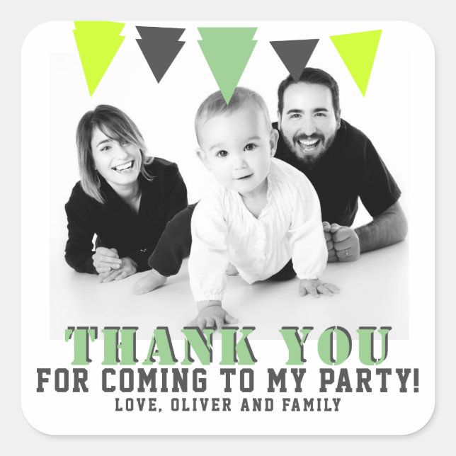 Cute Green Bunting Flag Photo Thank you Birthday  Square Sticker (Front)