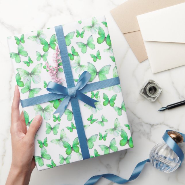 Cute Green Butterflies Pattern Pastel Wrapping Paper (Gifting)