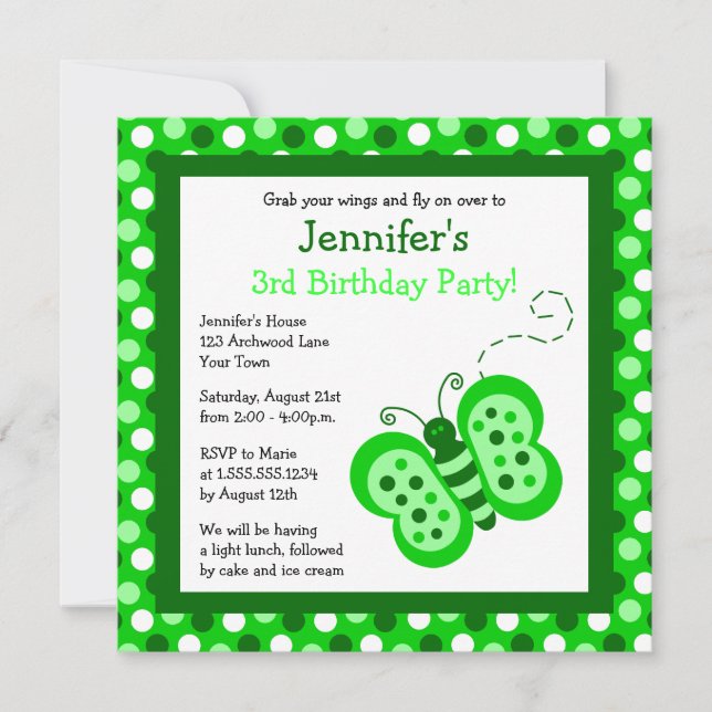 Cute Green Butterfly w/ Polka Dots Birthday Invite (Front)