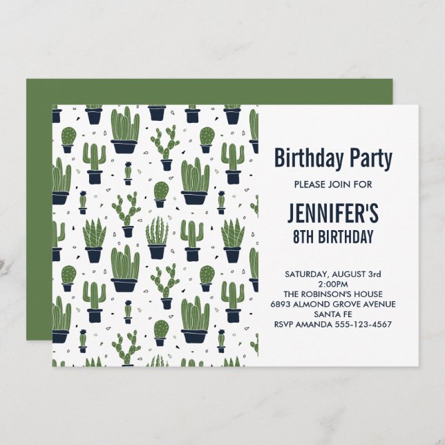 Cute Green Cactus in Flower Pots Pattern Birthday Invitation (Front/Back)