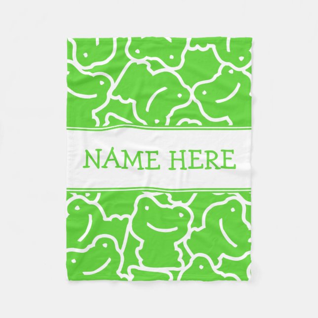 Cute Green Cartoon Frogs Kids Name Fleece Blanket (Front)
