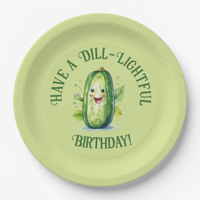 Cute Green Cartoon Pickle Birthday Paper Plate (Front)