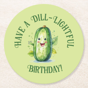 Cute Green Cartoon Pickle Birthday Round Paper Coaster