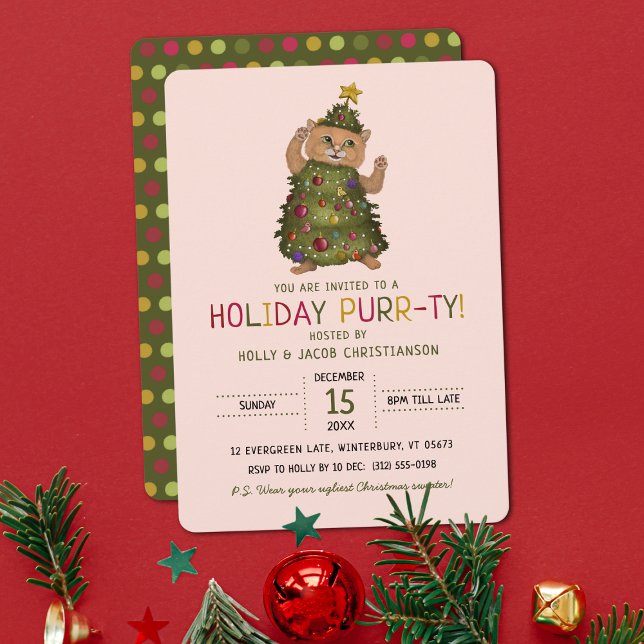 Cute Green Cat Pun Christmas Tree Holiday Party Invitation (Creator Uploaded)