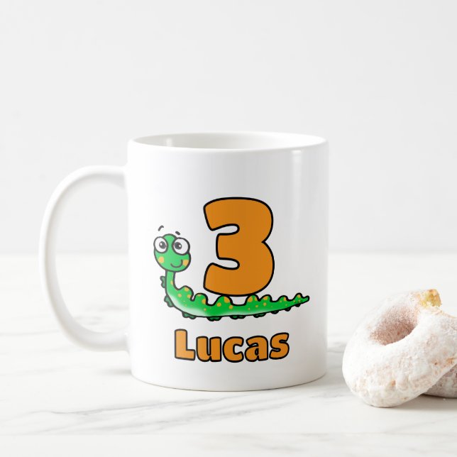 Cute Green Caterpillar 3rd Birthday Custom Name Coffee Mug (With Donut)