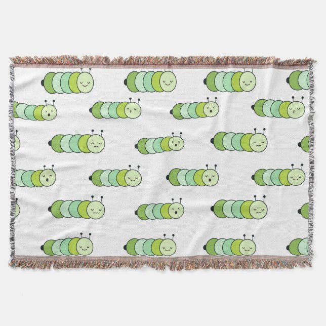 Cute Green Caterpillars and Various Expressions Throw Blanket (Front)