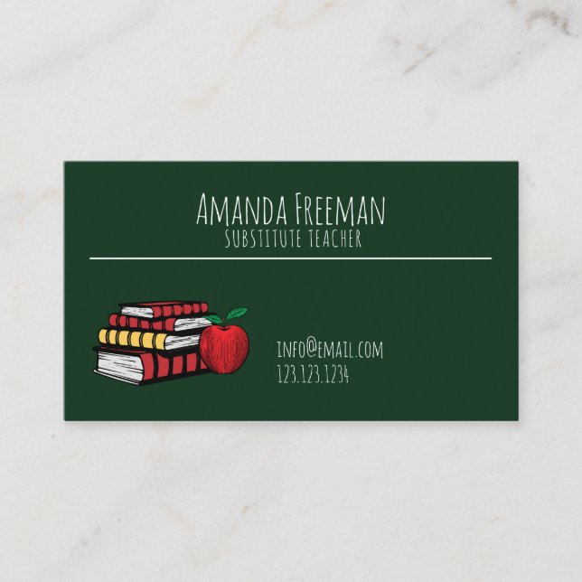 Cute Green Chalkboard and Books Substitute Teacher Business Card (Front)