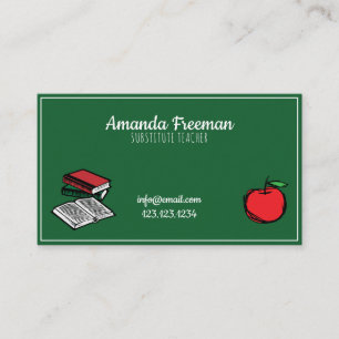 Cute Green Chalkboard & Apple Substitute Teacher Business Card