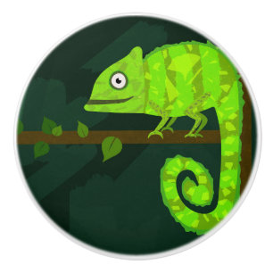 Cute Green Chameleon Illustration Tropical Reptile Ceramic Knob
