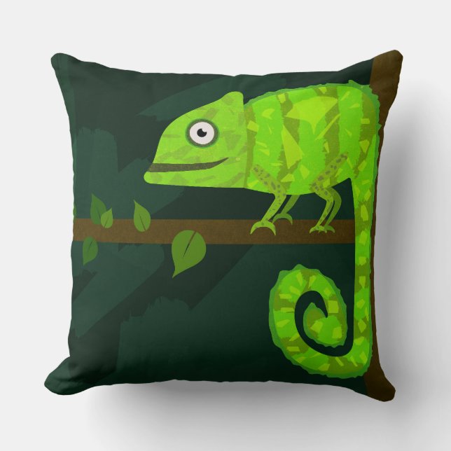 Cute Green Chameleon Illustration Tropical Reptile Cushion (Front)