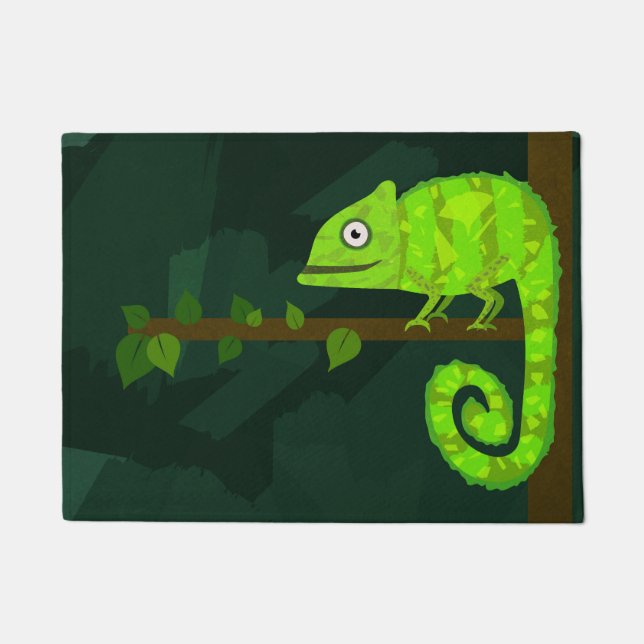 Cute Green Chameleon Illustration Tropical Reptile Doormat (Front)