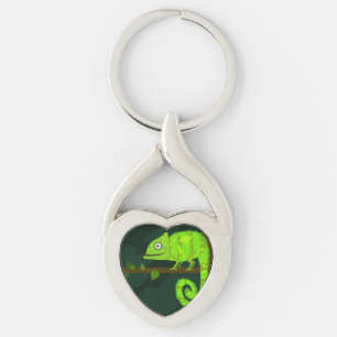 Cute Green Chameleon Illustration Tropical Reptile Key Ring