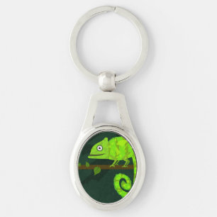 Cute Green Chameleon Illustration Tropical Reptile Key Ring