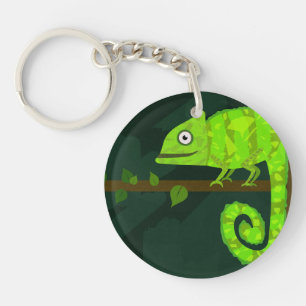 Cute Green Chameleon Illustration Tropical Reptile Key Ring