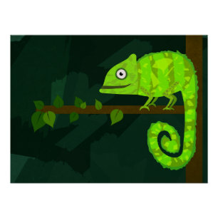 Cute Green Chameleon Illustration Tropical Reptile Poster