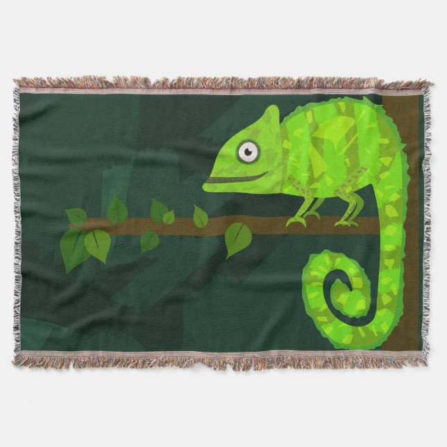 Cute Green Chameleon Illustration Tropical Reptile Throw Blanket (Front)