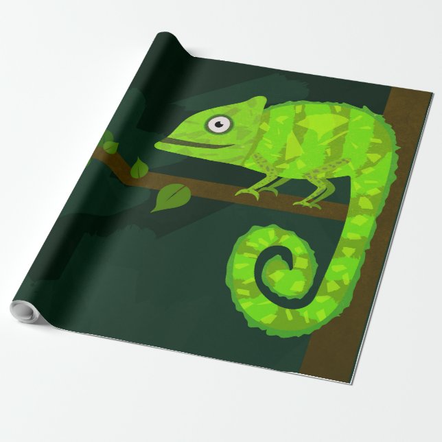 Cute Green Chameleon Illustration Tropical Reptile Wrapping Paper (Unrolled)