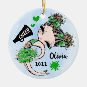 Cute Green Cheerleader Girl Ornament Brown Hair
