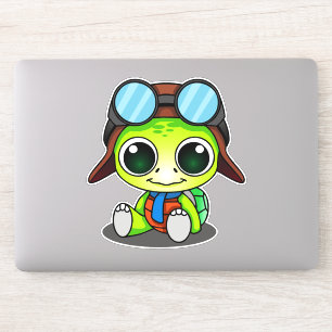 Cute Green Chibi Cartoon Turtle in Aviator Hat