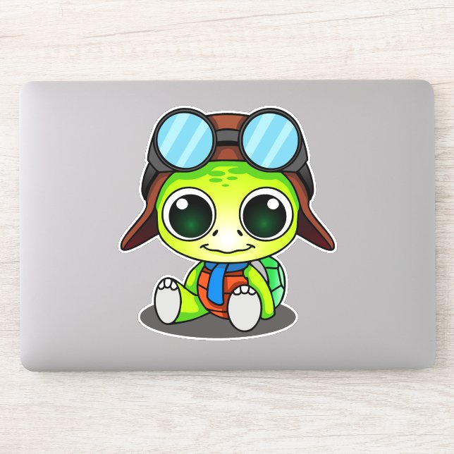 Cute Green Chibi Cartoon Turtle in Aviator Hat (Computer)