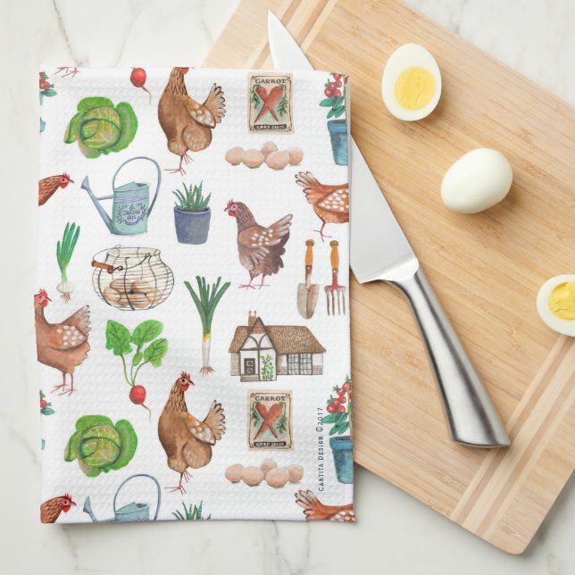 Cute green chicken farmers market garden rooster  tea towel (Quarter Fold)