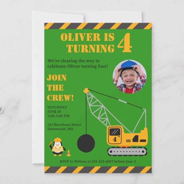 Cute Green Children's Construction Birthday Invitation (Front)