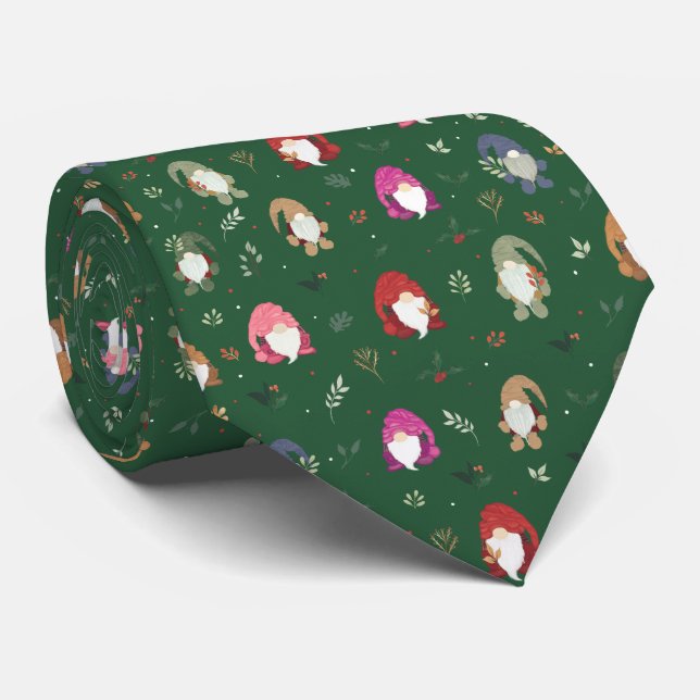 Cute Green Christmas Colourful Gnomes Tie (Rolled)