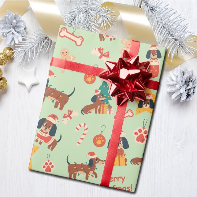 Cute Green Christmas Dachshund Merry Woofmas Wrapping Paper (Cute festive Dachshund wrapping paper in green, perfect for Dachshund dog lovers and the pups too!)