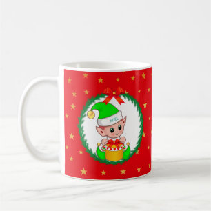 Cute Green Christmas Elf, Pine Wreath & Stars Coffee Mug