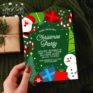 Cute Green Christmas Party Santa & Snowman Invitation