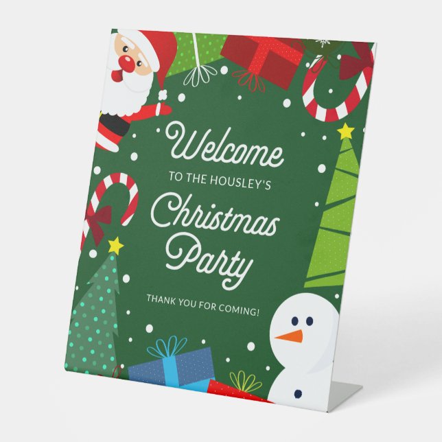 Cute Green Christmas Party Santa & Snowman Pedestal Sign (Front)