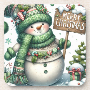 Cute Green Christmas Snowman Coaster
