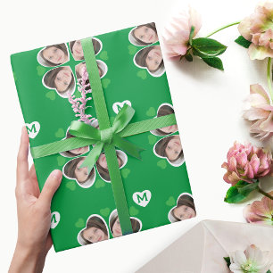 Cute Green Clover Four Leaf Hearts Photo Monogram Wrapping Paper