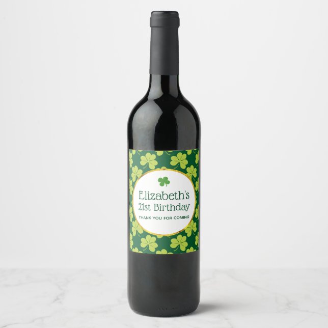 Cute Green Clover Pattern Birthday Wine Label (Front)