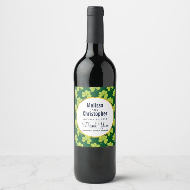 Cute Green Clover Pattern Wedding Wine Label (Front)