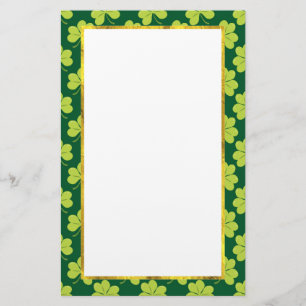 Cute Green Clover Pattern with a Faux Gold Frame Stationery