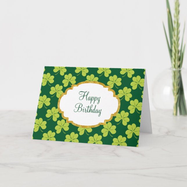 Cute Green Clover Shamrock Pattern Birthday Card (Front)