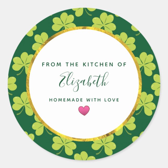 Cute Green Clover Shamrock Pattern Kitchen Classic Round Sticker (Front)