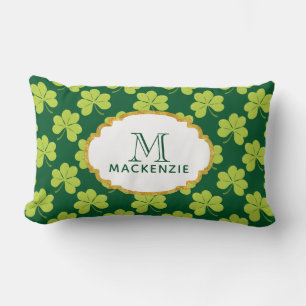 Cute Green Clover Shamrock Pattern with Monogram Lumbar Cushion