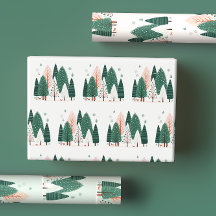 Cute Green & Coral Christmas Pine Tree Woodland