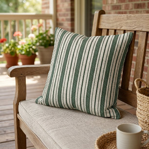 Cute Green Country Farmhouse Linen Stripes Pattern Cushion
