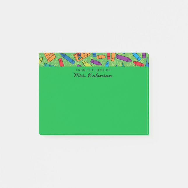 Cute Green Crayons Teacher From the Desk of 4x3 Post-it Notes (Front)