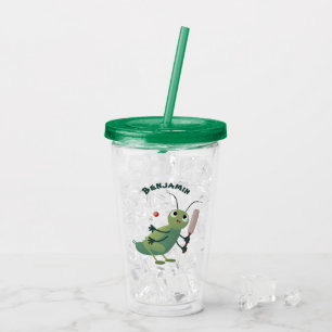 Cute green cricket insect cartoon illustration acrylic tumbler