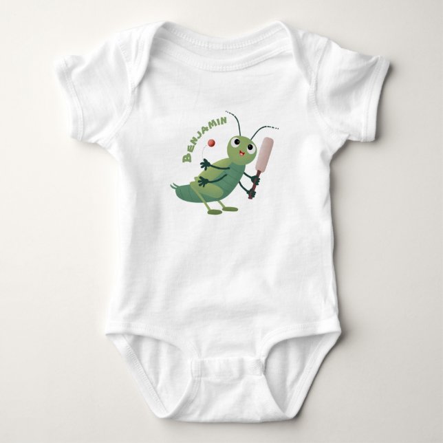 Cute green cricket insect cartoon illustration baby bodysuit (Front)