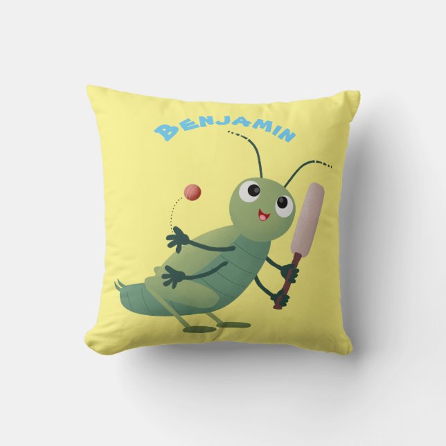 Cute green cricket insect cartoon illustration cushion (Front)