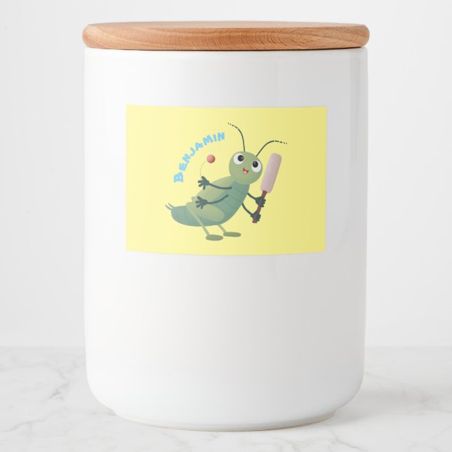 Cute green cricket insect cartoon illustration food label (Front)